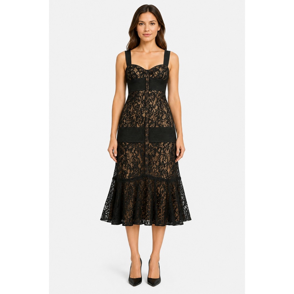 Ann Taylor LOFT Midi Dress Women 4 Black Excellent Lace Flounce Hem Sweetheart